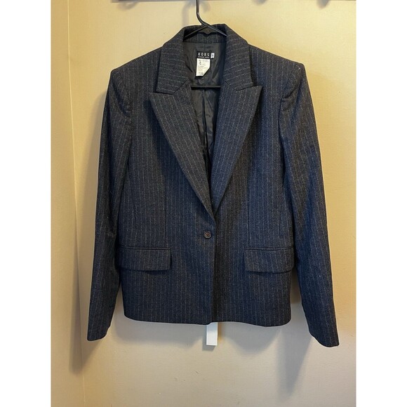 Michael Kors Collection Womens Sz 12 Gray Plaid Wool Pinstripe Blazer Jacket - Picture 1 of 7